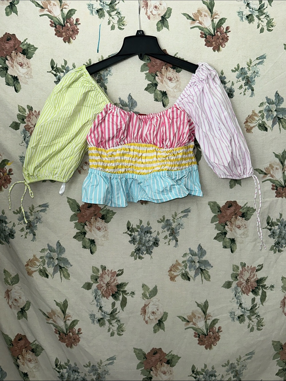 STAUD Striped Colorblock Puff-Sleeve Crop Top in Pink, Yellow, Blue, Green